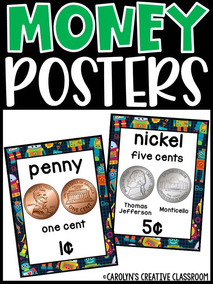 US Money Posters - Coin and Dollar Posters | Robot Classroom Decor