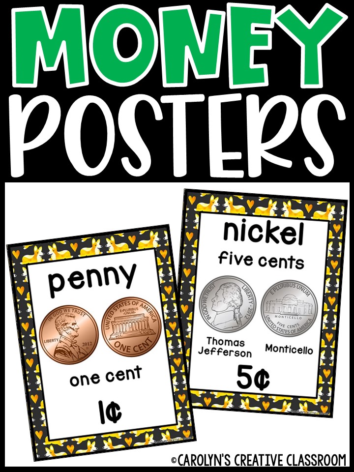 US Money Posters - Coin and Dollar Posters | Corgi Classroom Decor